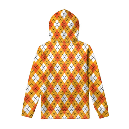Orange And White Argyle Pattern Print Pullover Hoodie