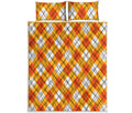 Orange And White Argyle Pattern Print Quilt Bed Set
