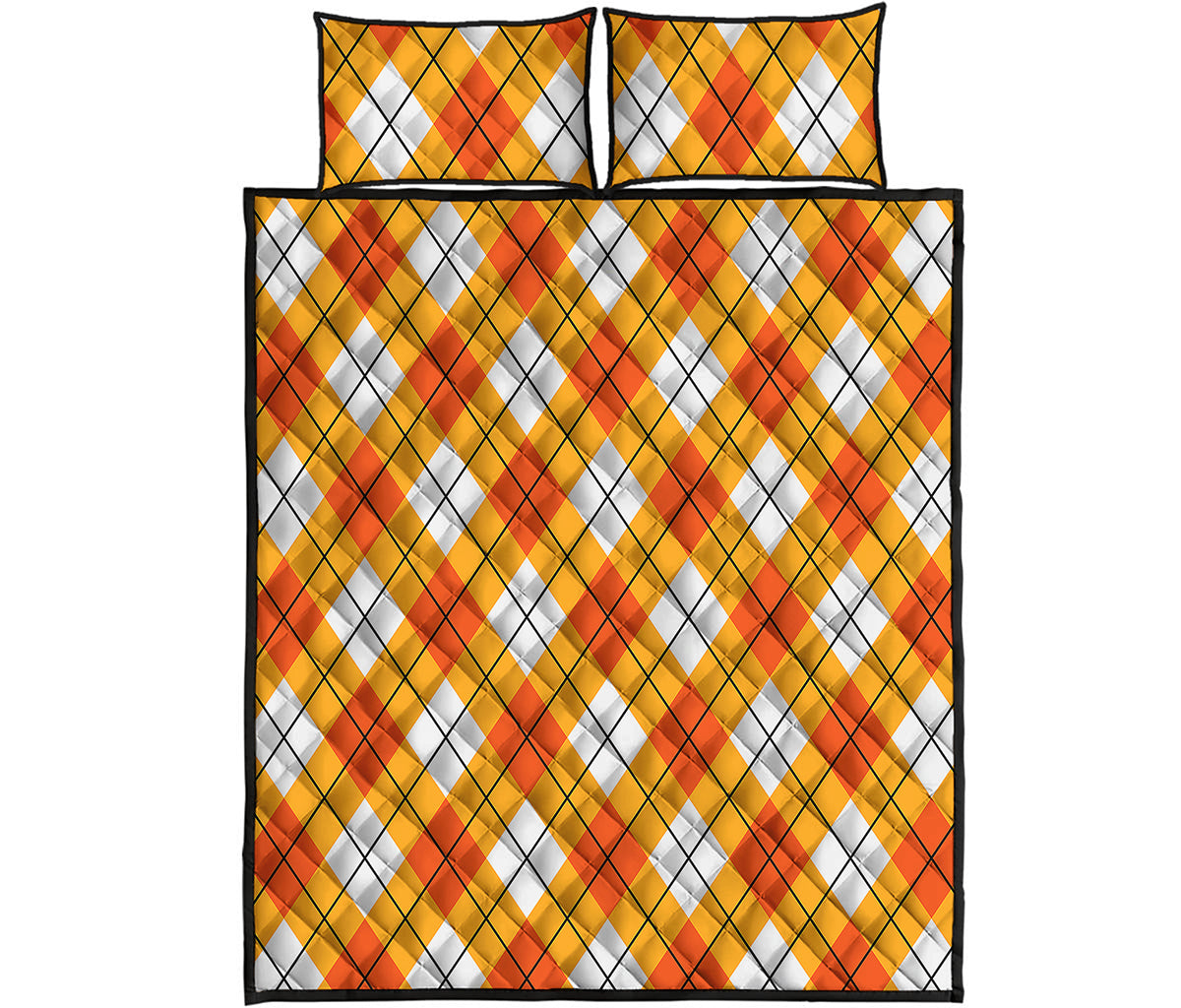 Orange And White Argyle Pattern Print Quilt Bed Set