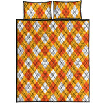 Orange And White Argyle Pattern Print Quilt Bed Set