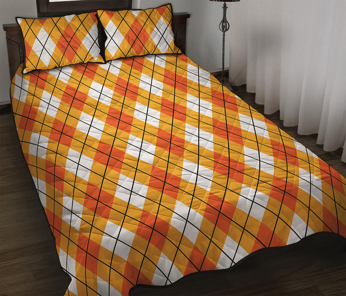 Orange And White Argyle Pattern Print Quilt Bed Set