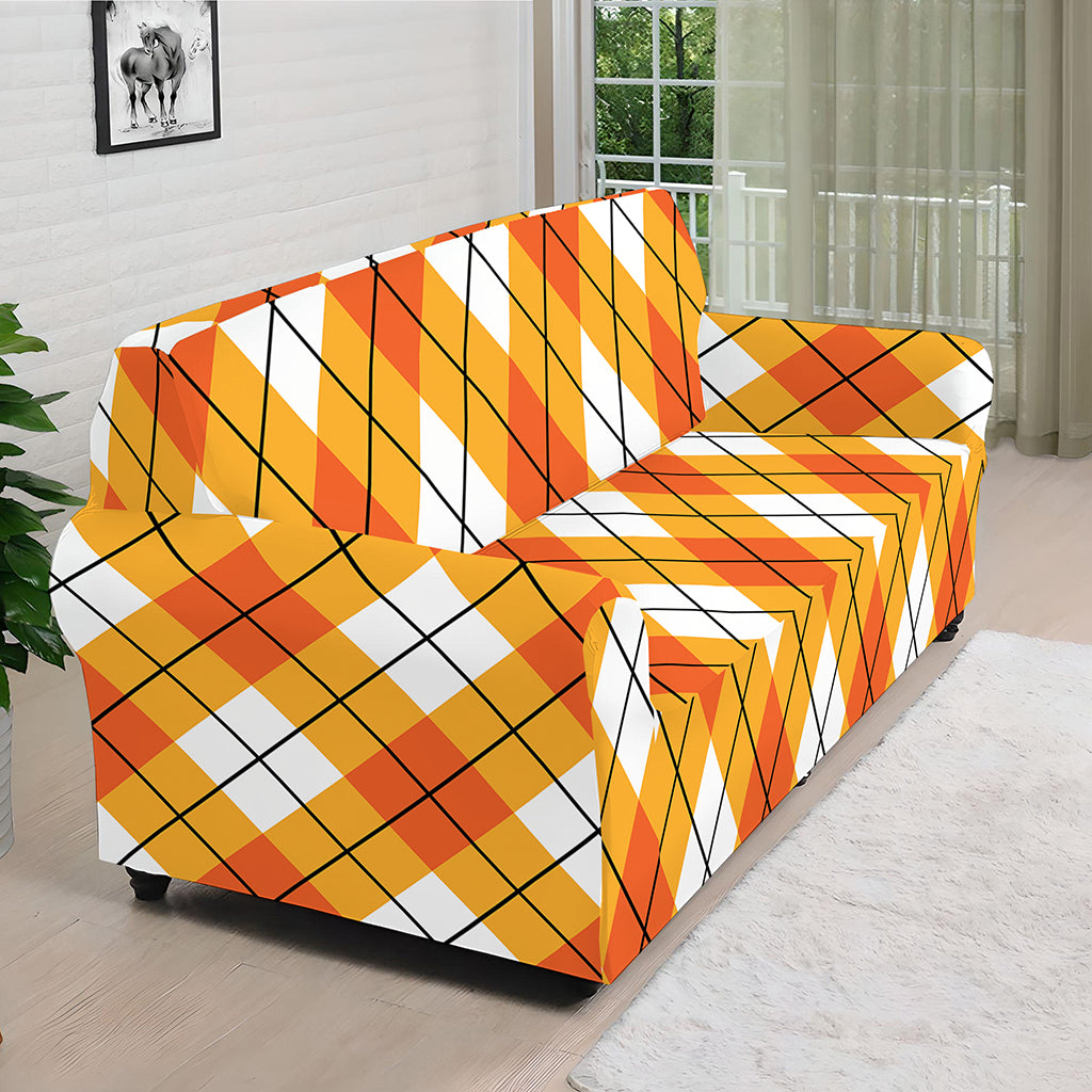 Orange And White Argyle Pattern Print Sofa Cover
