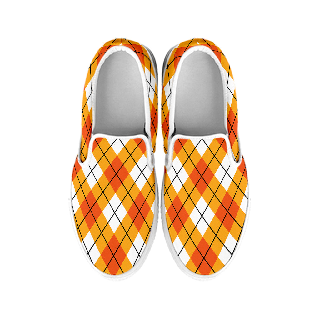 Orange And White Argyle Pattern Print White Slip On Shoes