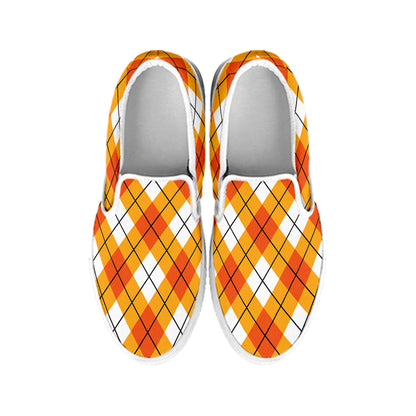 Orange And White Argyle Pattern Print White Slip On Shoes