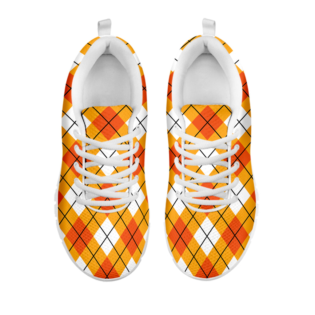 Orange And White Argyle Pattern Print White Sneakers