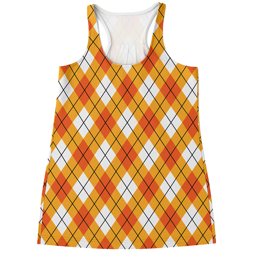 Orange And White Argyle Pattern Print Women's Racerback Tank Top