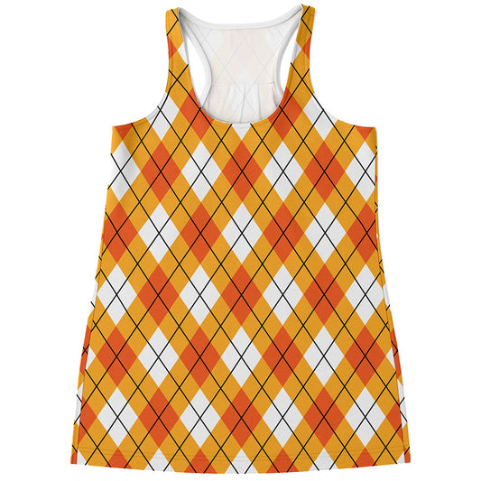 Orange And White Argyle Pattern Print Women's Racerback Tank Top