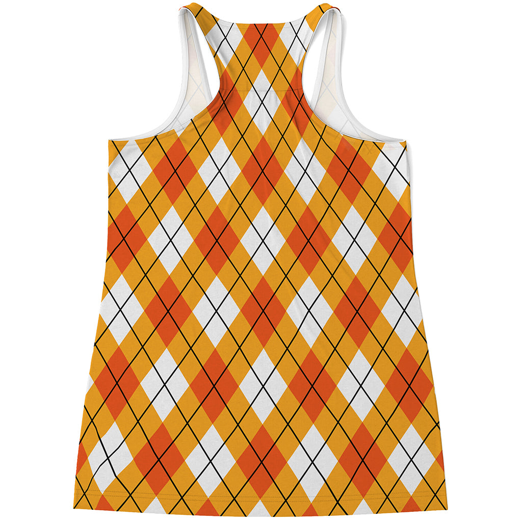 Orange And White Argyle Pattern Print Women's Racerback Tank Top