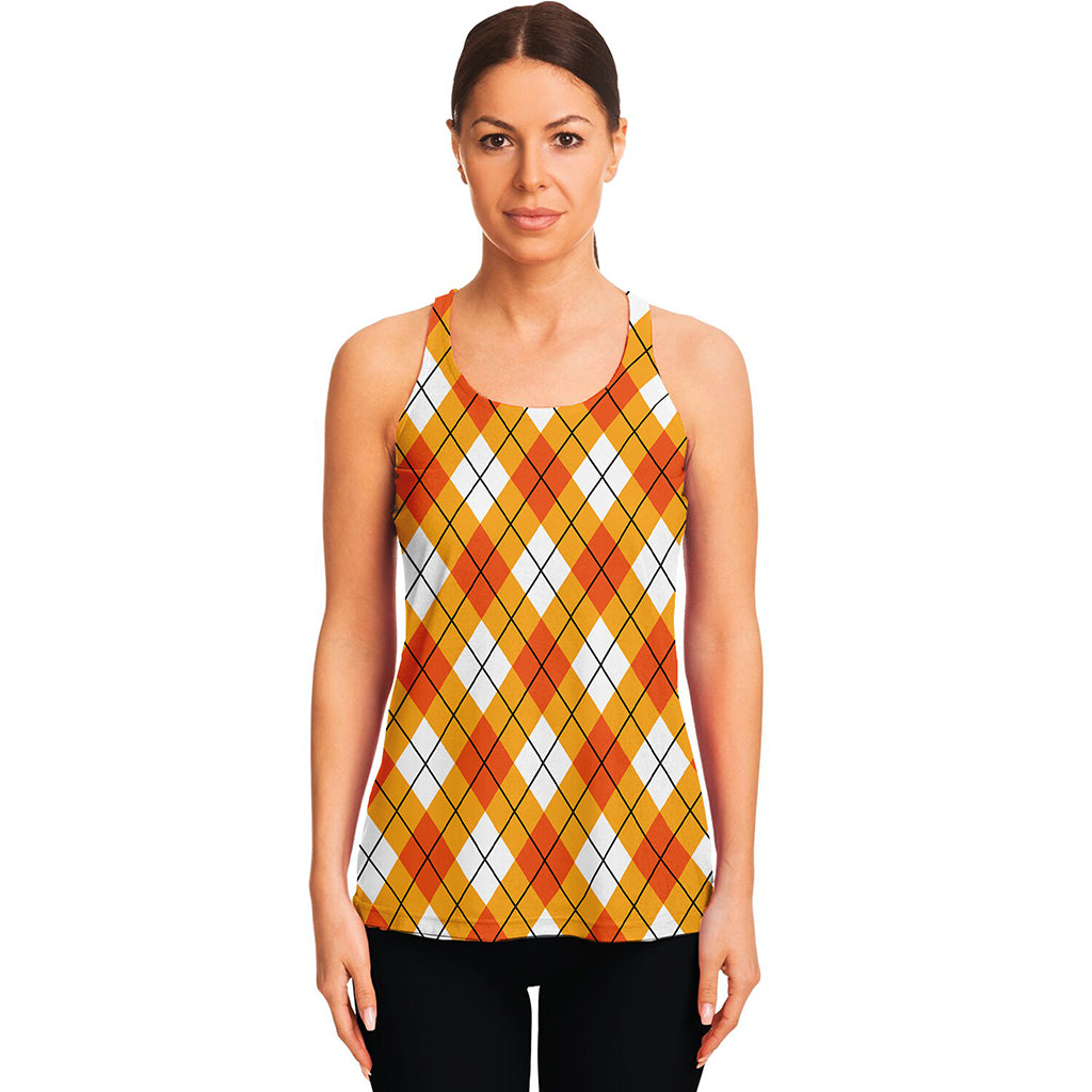 Orange And White Argyle Pattern Print Women's Racerback Tank Top