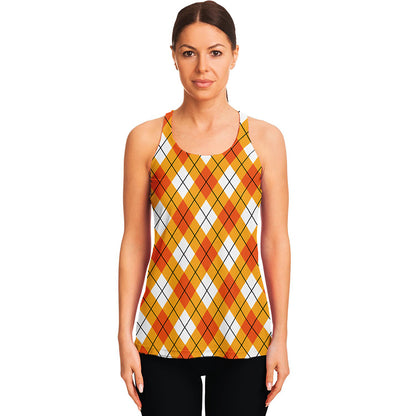 Orange And White Argyle Pattern Print Women's Racerback Tank Top