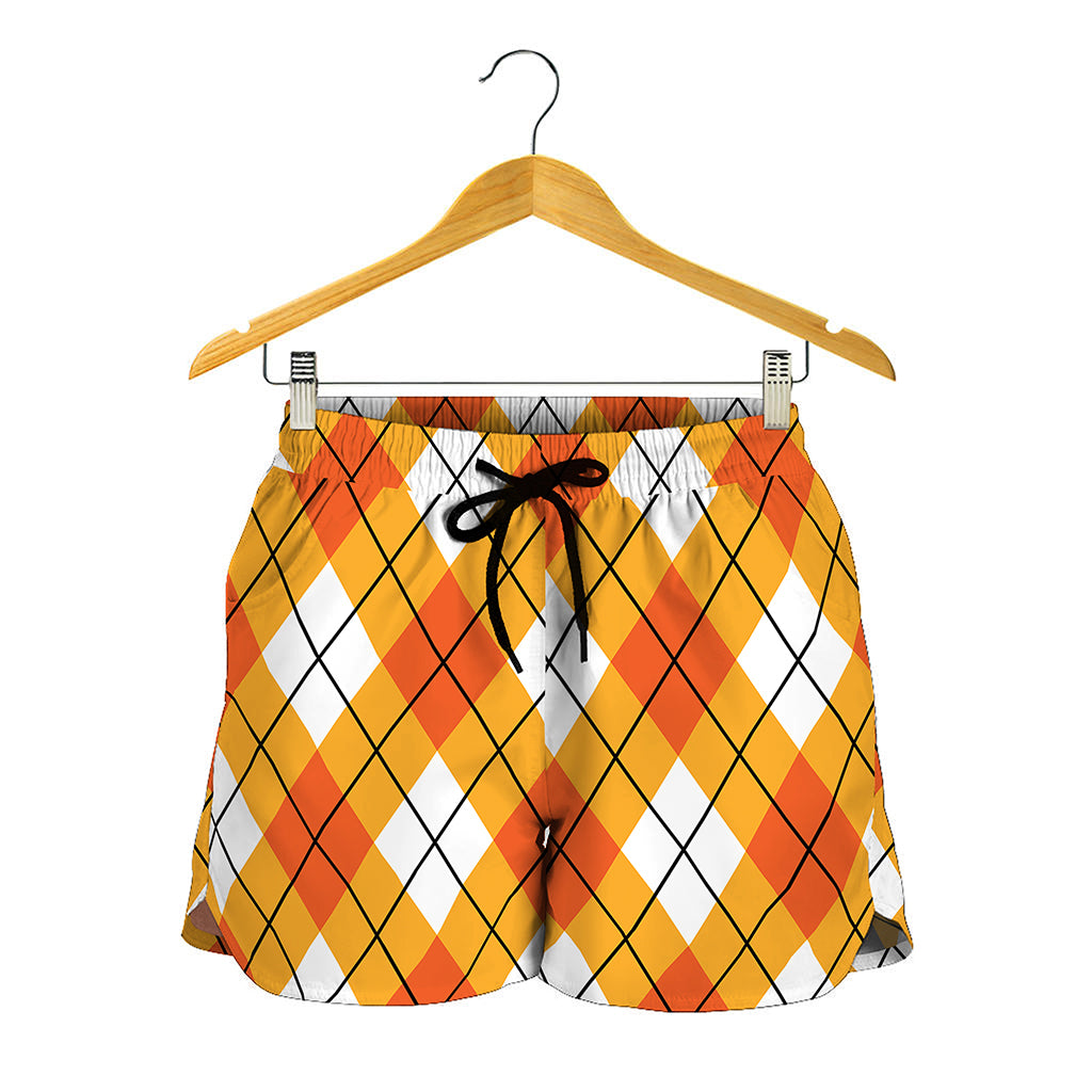 Orange And White Argyle Pattern Print Women's Shorts