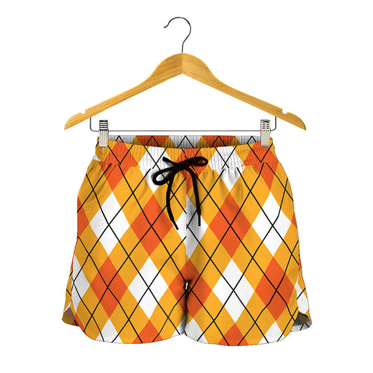 Orange And White Argyle Pattern Print Women's Shorts