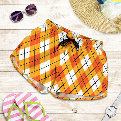 Orange And White Argyle Pattern Print Women's Shorts