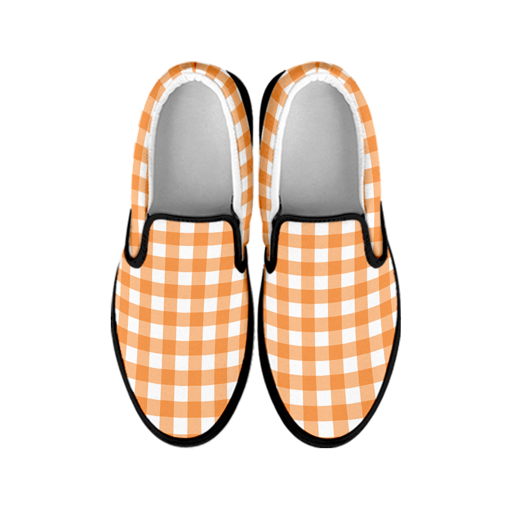 Orange And White Check Pattern Print Black Slip On Shoes