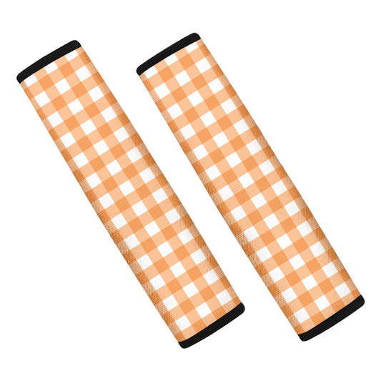 Orange And White Check Pattern Print Car Seat Belt Covers