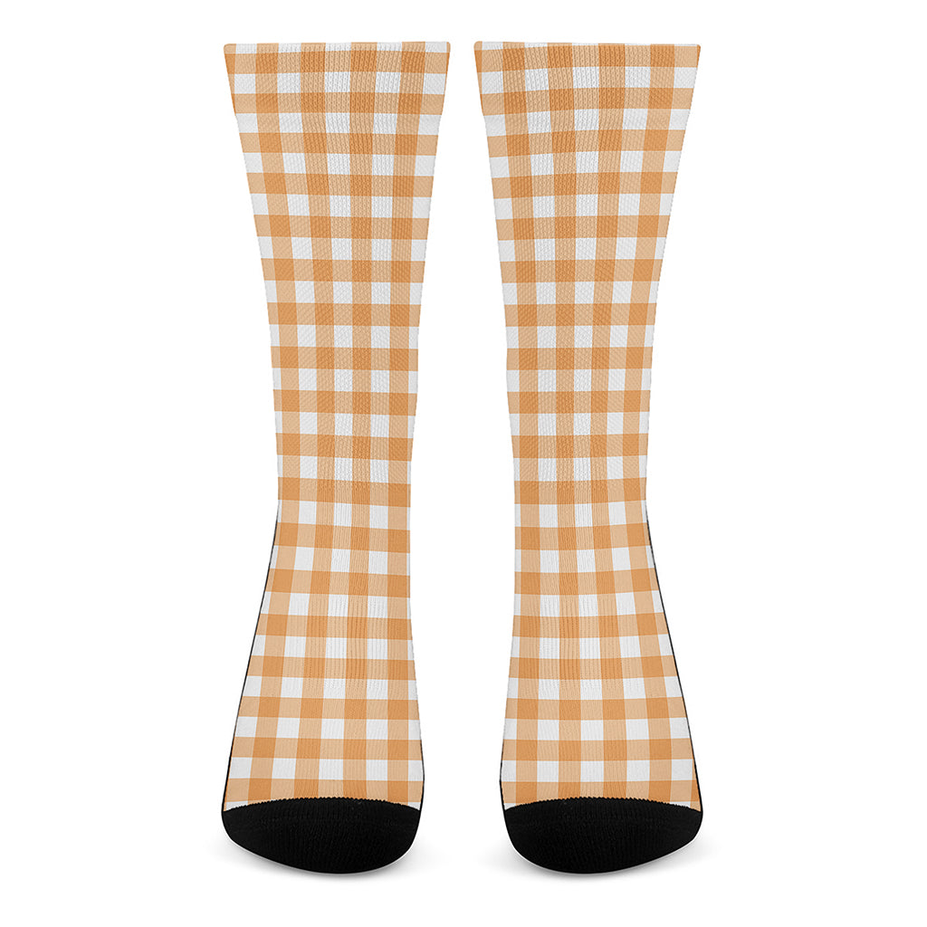 Orange And White Check Pattern Print Crew Socks