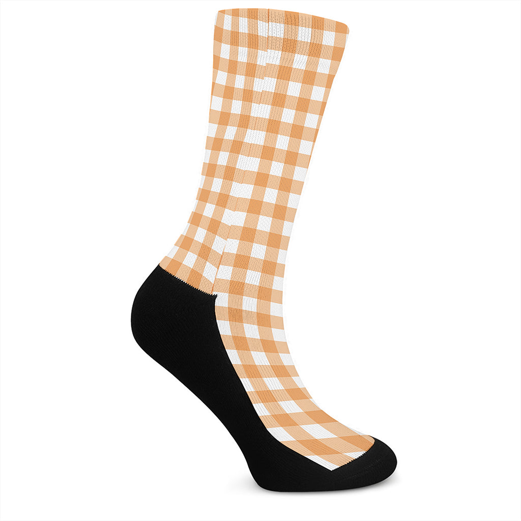 Orange And White Check Pattern Print Crew Socks