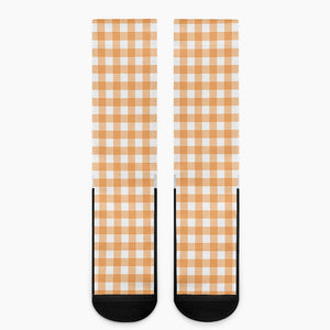 Orange And White Check Pattern Print Crew Socks