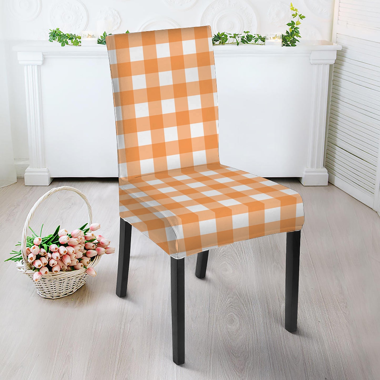 Orange And White Check Pattern Print Dining Chair Slipcover