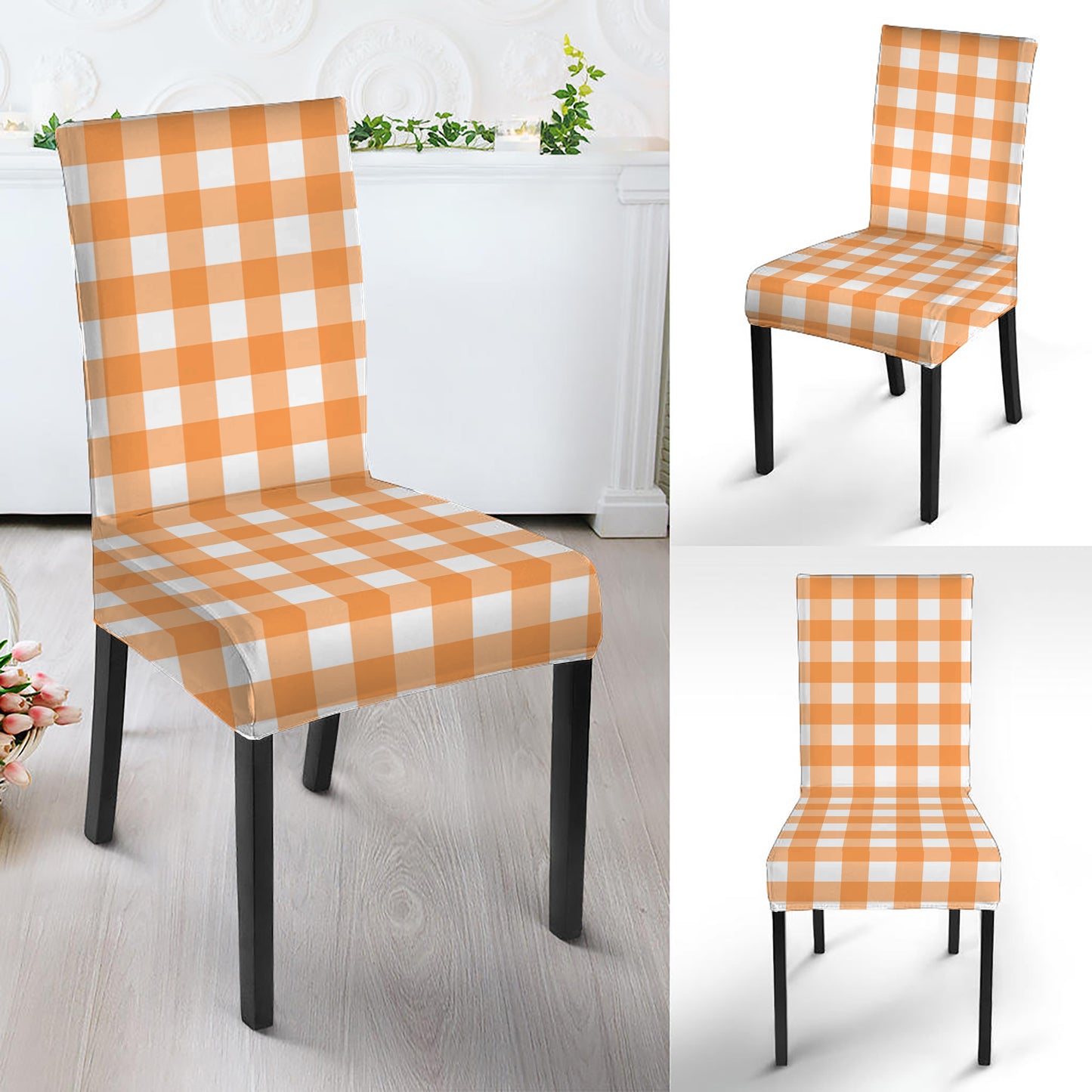Orange And White Check Pattern Print Dining Chair Slipcover