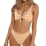 Orange And White Check Pattern Print Front Bow Tie Bikini