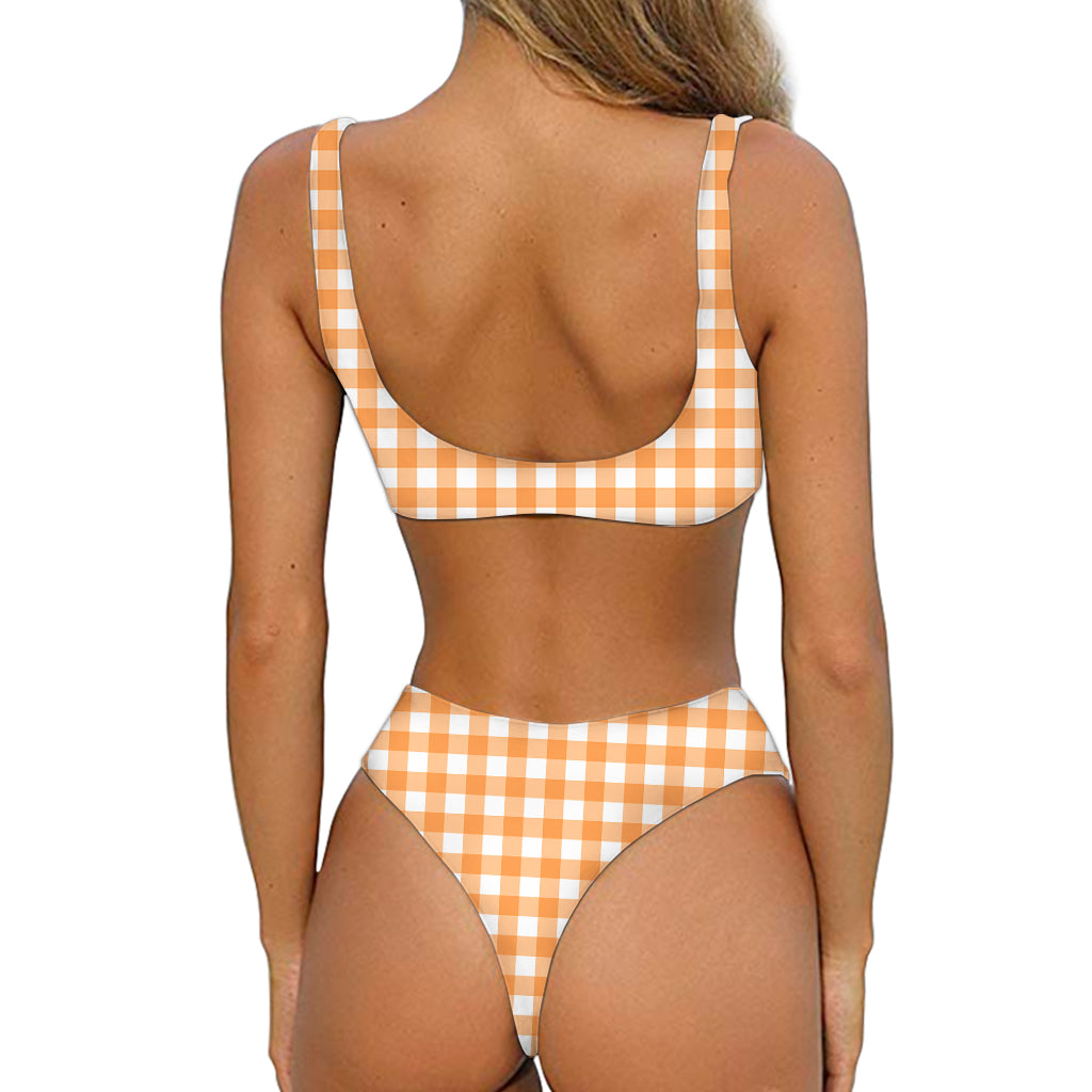 Orange And White Check Pattern Print Front Bow Tie Bikini