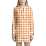 Orange And White Check Pattern Print Hoodie Dress