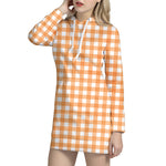Orange And White Check Pattern Print Hoodie Dress