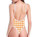 Orange And White Check Pattern Print One Piece High Cut Swimsuit