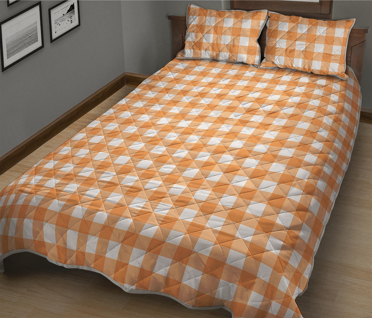 Orange And White Check Pattern Print Quilt Bed Set