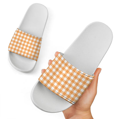 Orange And White Check Pattern Print White Slide Sandals