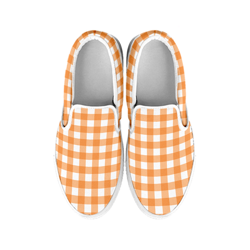 Orange And White Check Pattern Print White Slip On Shoes
