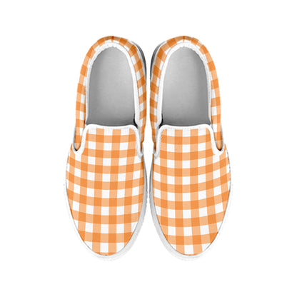 Orange And White Check Pattern Print White Slip On Shoes