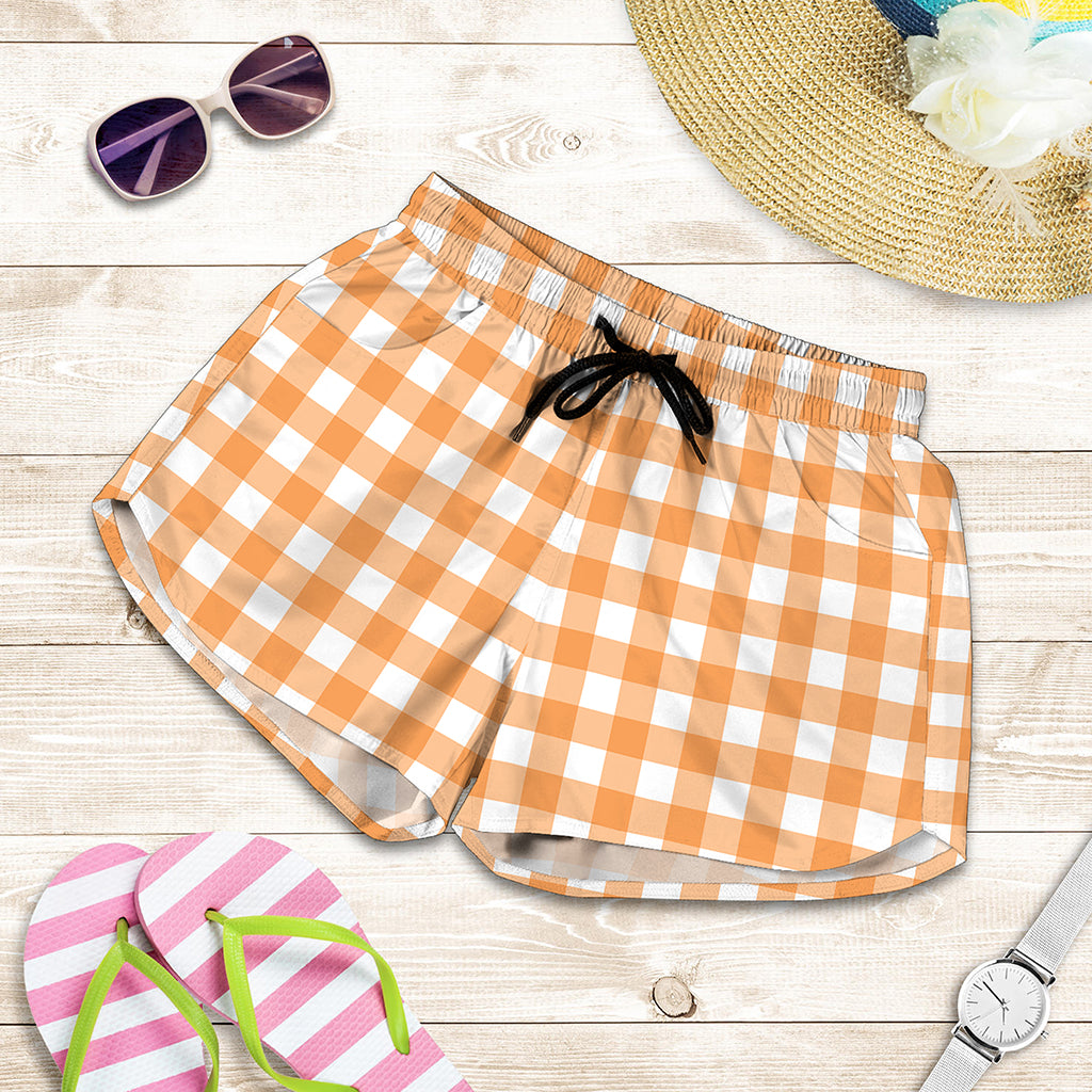 Orange And White Check Pattern Print Women's Shorts