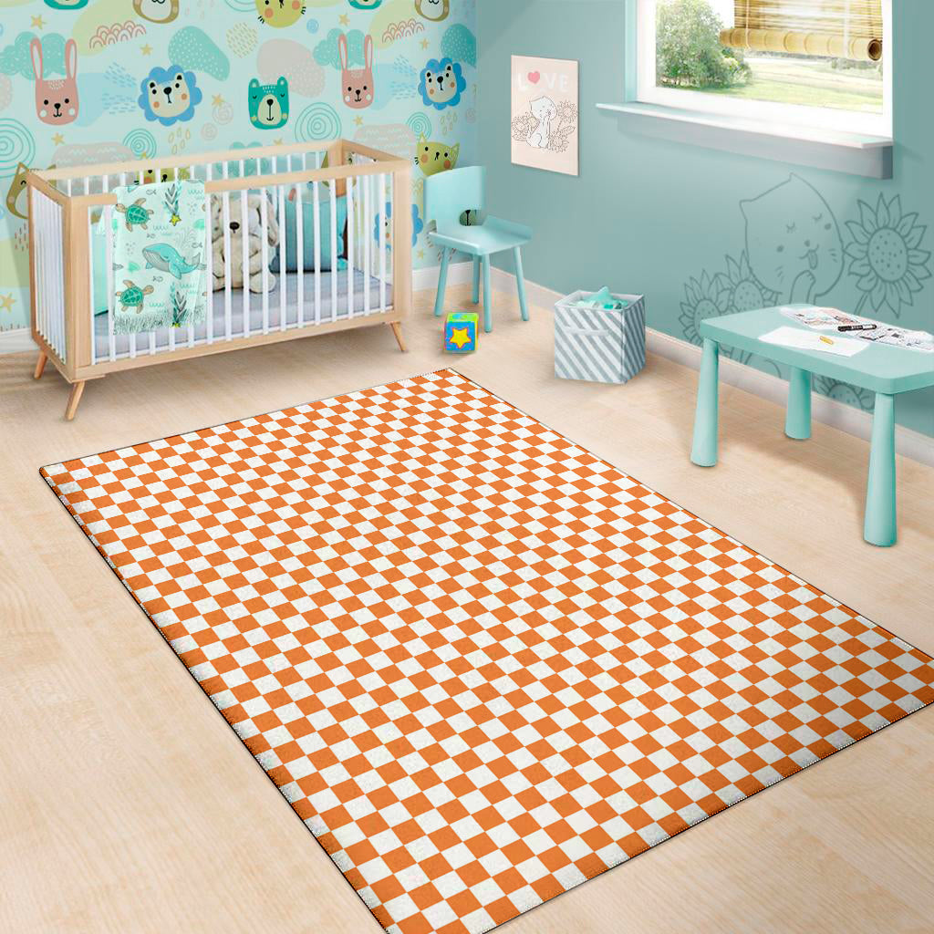 Orange And White Checkered Pattern Print Area Rug