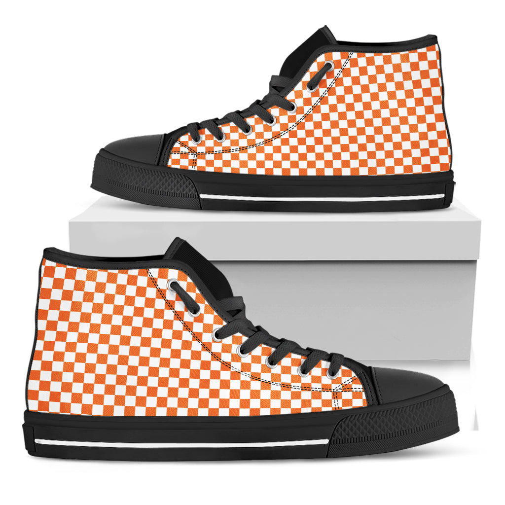 Orange And White Checkered Pattern Print Black High Top Shoes
