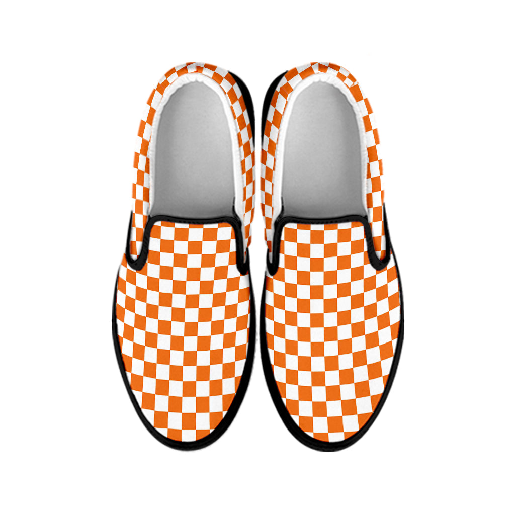 Orange And White Checkered Pattern Print Black Slip On Shoes
