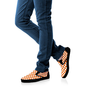 Orange And White Checkered Pattern Print Black Slip On Shoes
