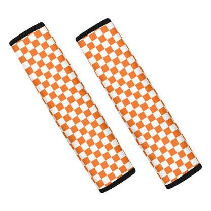 Orange And White Checkered Pattern Print Car Seat Belt Covers