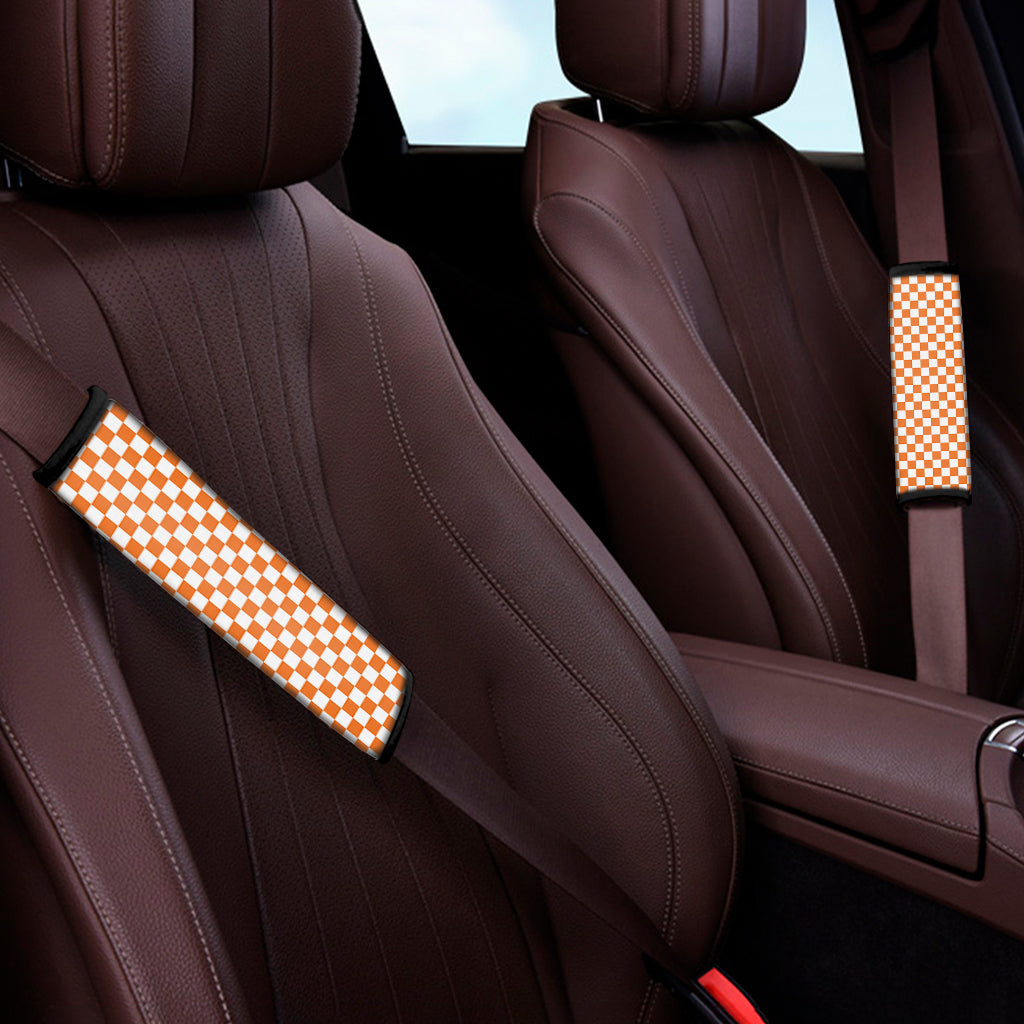Orange And White Checkered Pattern Print Car Seat Belt Covers