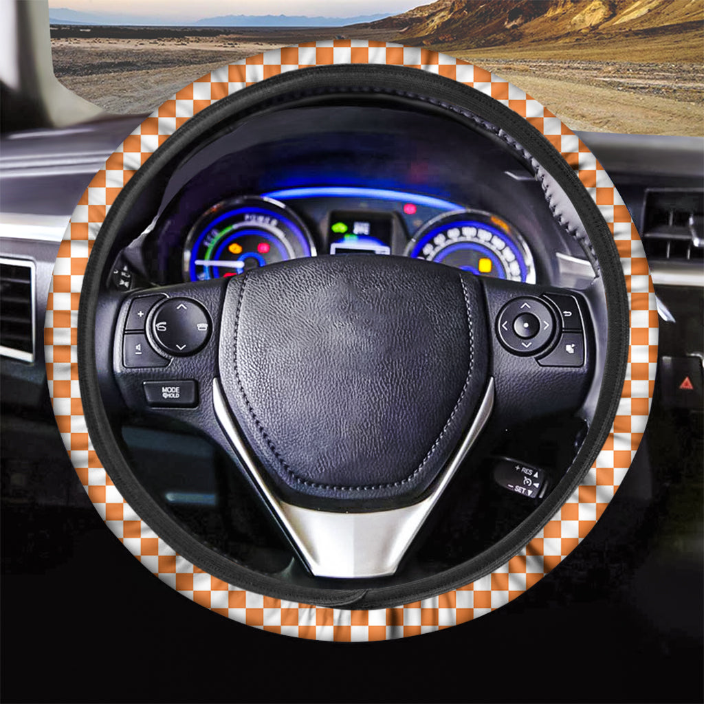 Orange And White Checkered Pattern Print Car Steering Wheel Cover