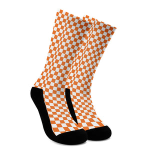 Orange And White Checkered Pattern Print Crew Socks