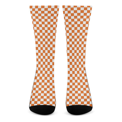 Orange And White Checkered Pattern Print Crew Socks