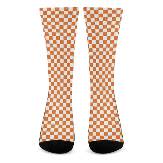 Orange And White Checkered Pattern Print Crew Socks