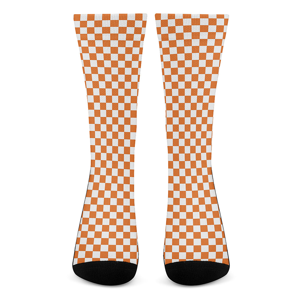 Orange And White Checkered Pattern Print Crew Socks