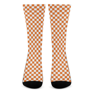 Orange And White Checkered Pattern Print Crew Socks