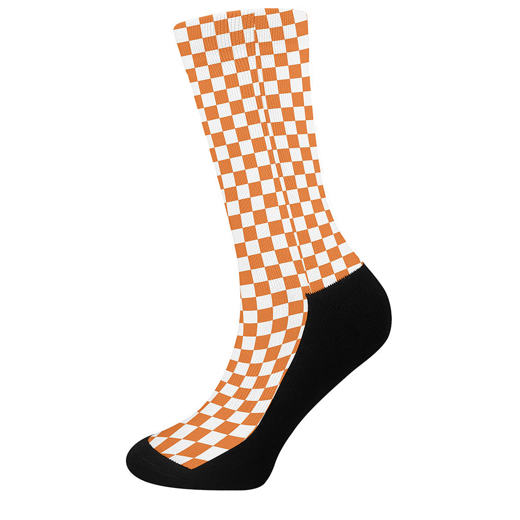 Orange And White Checkered Pattern Print Crew Socks