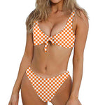 Orange And White Checkered Pattern Print Front Bow Tie Bikini