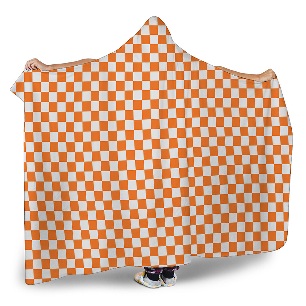 Orange And White Checkered Pattern Print Hooded Blanket