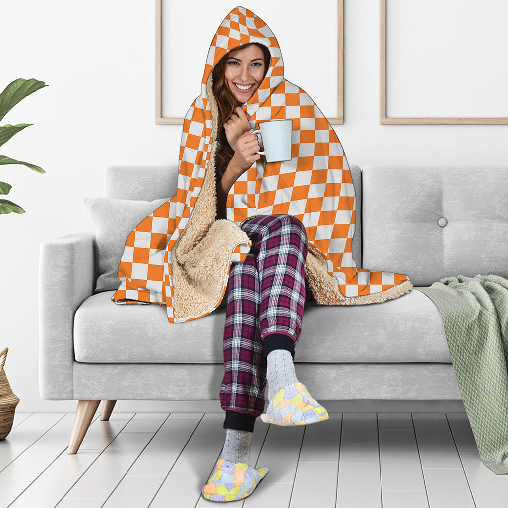 Orange And White Checkered Pattern Print Hooded Blanket